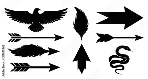 Eagle, Arrows, Feather and Snake Collection | Native American Style Vector Silhouettes for Graphic Design, Tattoo Art, and Cultural Illustration