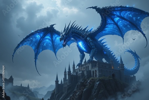 A massive mechanical dragon flying above a futuristic castle, blue plasma wings and glowing core, stormy sky