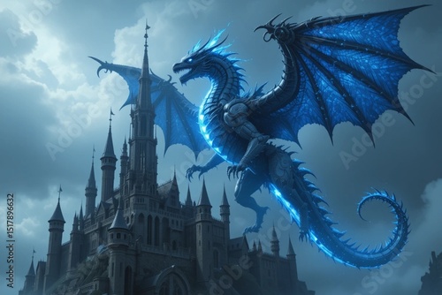 A massive mechanical dragon flying above a futuristic castle, blue plasma wings and glowing core, stormy sky