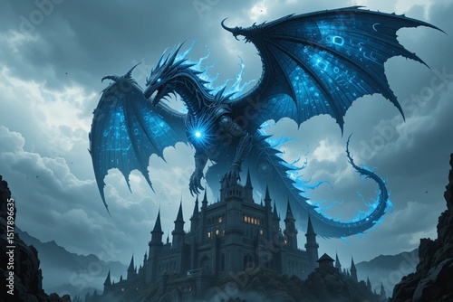 A massive mechanical dragon flying above a futuristic castle, blue plasma wings and glowing core, stormy sky