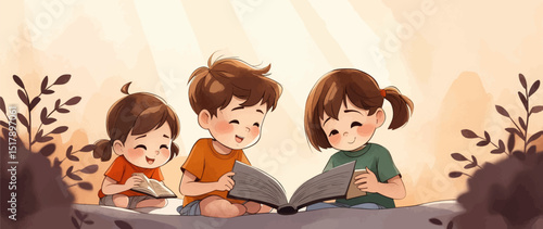 Watercolor vector  Illustration of Girls Sitting in a Row Reading Books – Cute Kids Reading Aloud Together in Class – Art Lesson and Educational Activity Scene.