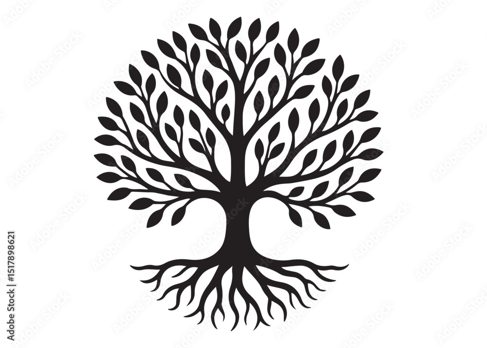 Tree of life logo silhouette vector, tree life logo icon silhouette, round tree of life with roots and branches vector, simple black tree of life silhouette logo vector on a white background. Tree of life logo silhouette vector, tree life logo icon silhouette, round tree of life with roots and branches vector, simple black tree of life silhouette logo vector on a white background.