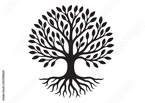 Tree of life logo silhouette vector, tree life logo icon silhouette, round tree of life with roots and branches vector, simple black tree of life silhouette logo vector on a white background.