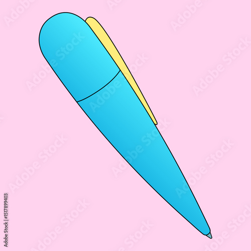 Blue ballpoint pen with yellow clip on pink background. Cartoon style school or office stationery illustration. For back to school concept, education visual, educational theme, and classroom decor.