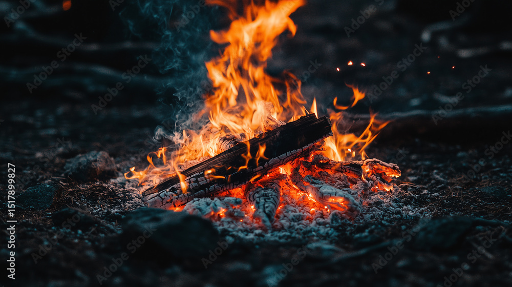 Glowing campfire at dusk in wilderness setting with warm light illuminating surroundings under starry night sky, atmospheric and cozy scene Glowing campfire at dusk in wilderness setting with warm light illuminating surroundings under starry night sky, atmospheric and cozy scene