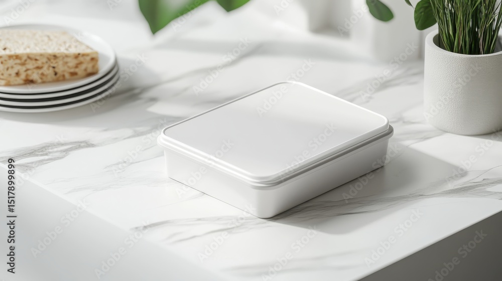 food box Minimalistic white container on a marble surface with plates and greenery in the background. food box Minimalistic white container on a marble surface with plates and greenery in the background.