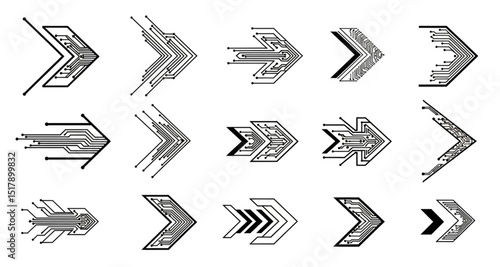 Abstract Tech Arrows Set | Technological Vector Directional Icons for Navigation, Web Design, and UI/UX