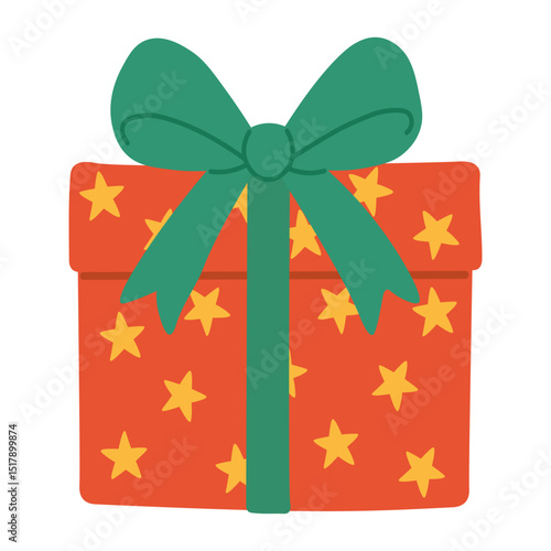 Vector illustration of a festive gift box with ribbon and stars, cartoon flat style.