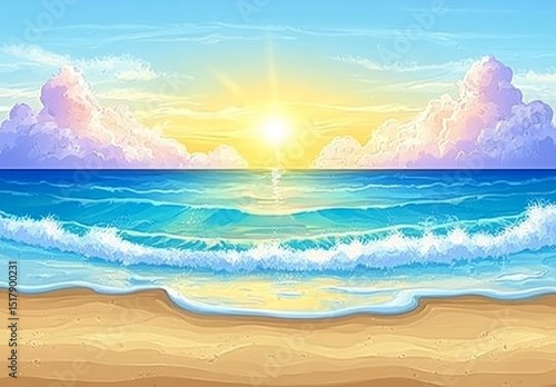 Tranquil Ocean Sunset Landscape: Vibrant Colors and Calm Waves on Sandy Beach