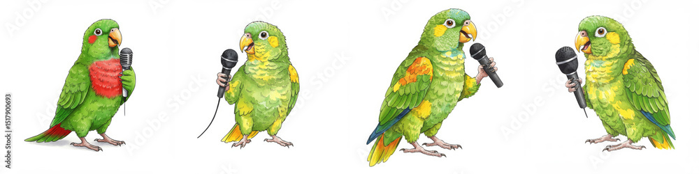 Fototapeta premium Watercolor Parrot Karaoke Stars: Feathered Friends Singing Their Hearts Out - Four parrots, vibrant and cheerful, hold microphones, ready to belt out a tune. Symbolizing joy, music, talent