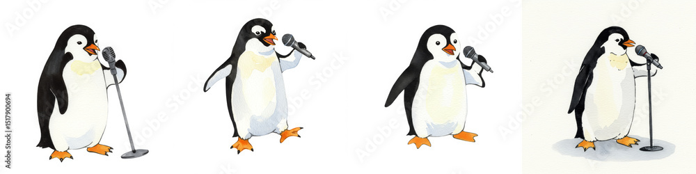 Fototapeta premium Watercolor Singing Penguin Karaoke Star - A charming illustration of penguins enjoying karaoke, symbolizing fun, music, entertainment, performance, and friendship