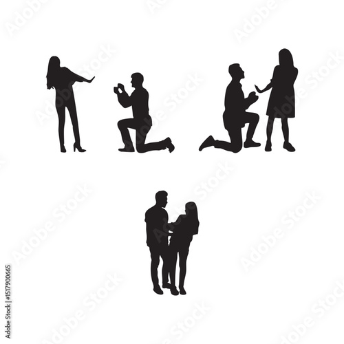 Young woman rejecting a marriage proposal silhouette. A young handsome man is making a proposal of marriage, but the young woman is refusing him silhouette set White Background