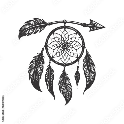 vintage style Tribal Dreamcatcher with Arrow and Feathers – Boho Style Tattoo or Print vector illustration