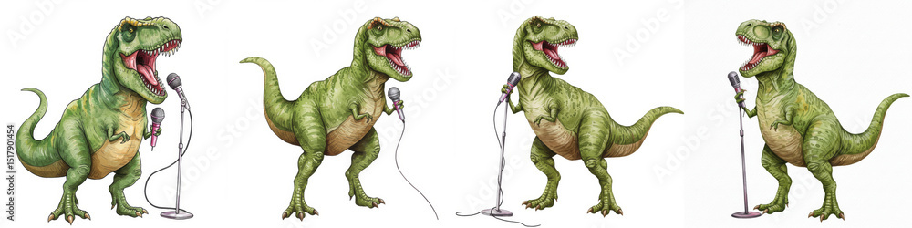 Obraz premium Watercolor Tyrannosaurus Rex Karaoke Night - Singing dinosaur, microphone, entertainment, music, prehistoric fun