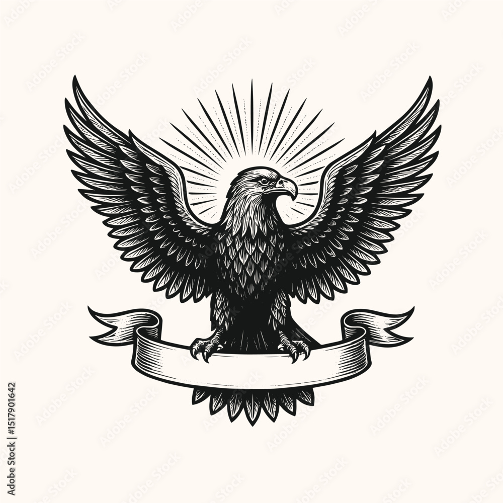 Obraz premium Vintage Bald Eagle Heraldic Emblem Vector – Hand-Drawn Patriotic Bird with Banner and Sunburst
