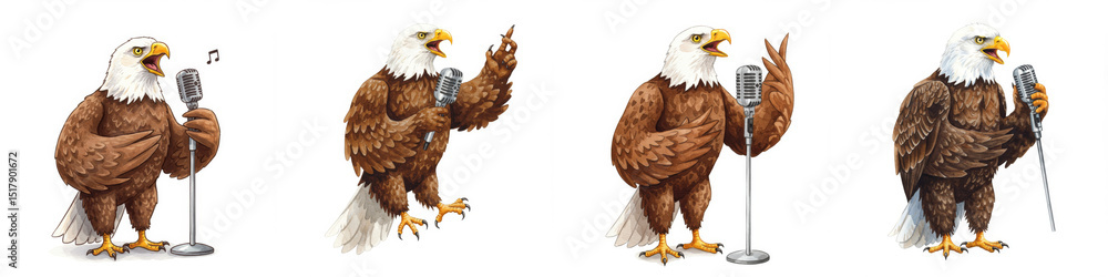 Fototapeta premium Watercolor American Eagle Karaoke Star - A patriotic bald eagle enjoys karaoke, symbolizing freedom, expression, entertainment, national pride