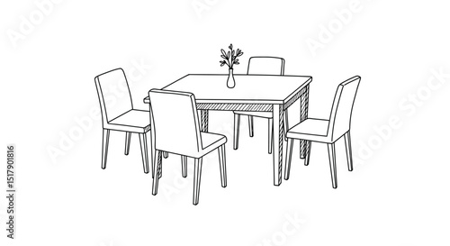 Dining Room Table with Chairs and Vase Line Art Illustration