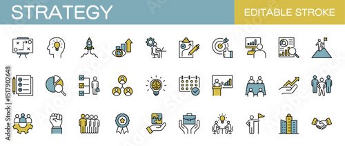 Strategy line icons set. Marketing, business, management and project. Editable stroke. Colored vector illustration
