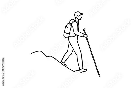 Hiker walking uphill with backpack and trekking pole