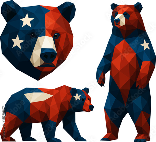 Group of patriotic bear head, upright bear, and walking bear in red-white-blue facets with stars; perfect for themed posters, merchandise, and social-media sets.