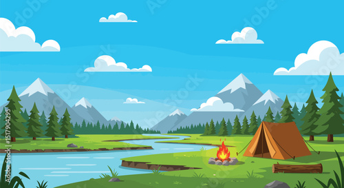 Camping Adventure by the River with Mountains and Forest Illustration
