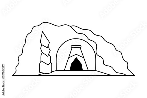 Cave entrance with mysterious structure and tree