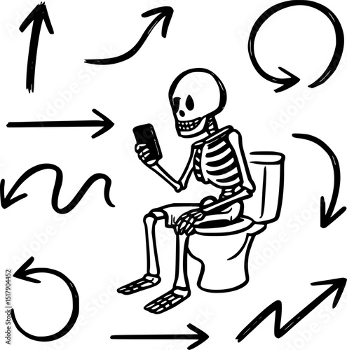 A whimsical illustration of a skeleton sitting on a toilet, engrossed in using a smartphone and arrow icons.