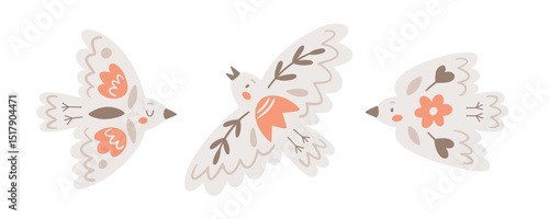 Cute birds with rustic folklore ornaments. Doves decorated with flowers in Scandinavian style for greeting card or invitation. Vector Illustrations in flat style on white background.