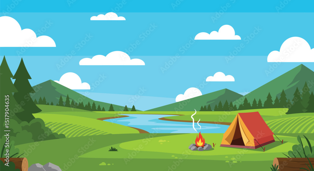 Fototapeta premium Camping in Nature Landscape with Tent Campfire Lake Forest and Mountains