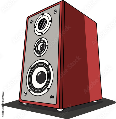 A red audio speaker with a gray front panel featuring three distinct speakers