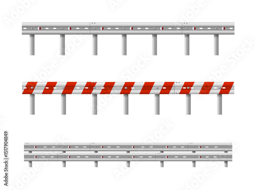 Metallic road barrier fence. 3d roadblock for safety on highway. Metallic road barrier fence. Vector