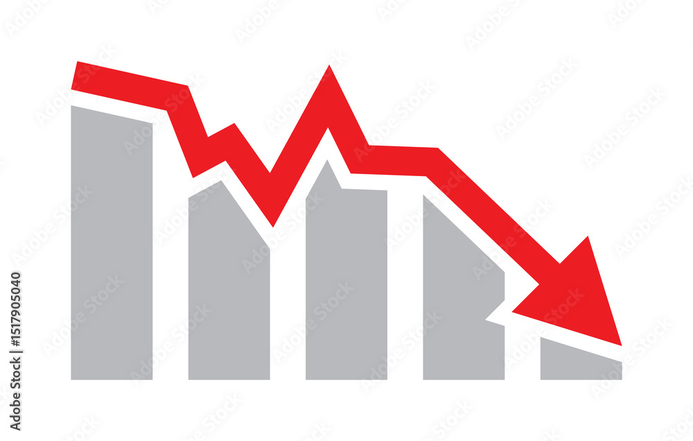 Red arrow going down stock icon on white background. Decrease, Bankruptcy, financial market crash icon for your web site design, logo, app, UI. graph chart downtrend symbol.chart going down sign. Red arrow going down stock icon on white background. Decrease, Bankruptcy, financial market crash icon for your web site design, logo, app, UI. graph chart downtrend symbol.chart going down sign.