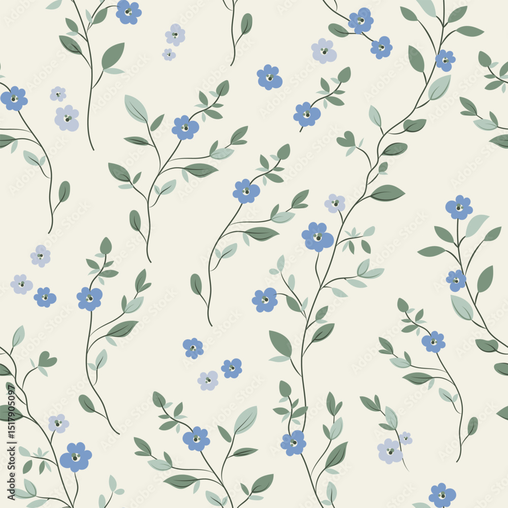 Seamless pattern with flowers. A branch with flowers and leaves. Surface design for gift paper, wallpaper, web page background, greeting cards, textile. Blue flower Seamless pattern with flowers. A branch with flowers and leaves. Surface design for gift paper, wallpaper, web page background, greeting cards, textile. Blue flower