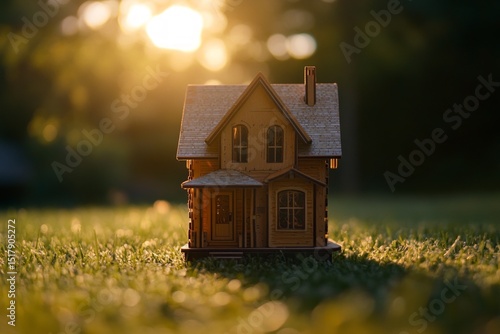 Wallpaper Mural Wooden Miniature House Model on Green Grass at Sunset Torontodigital.ca