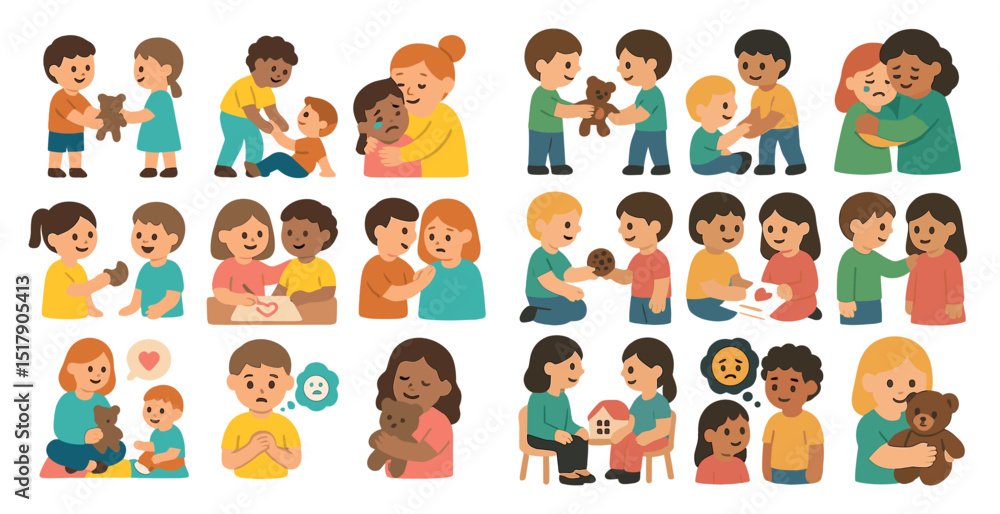 Diverse children demonstrating kindness and friendship in various scenes Diverse children demonstrating kindness and friendship in various scenes