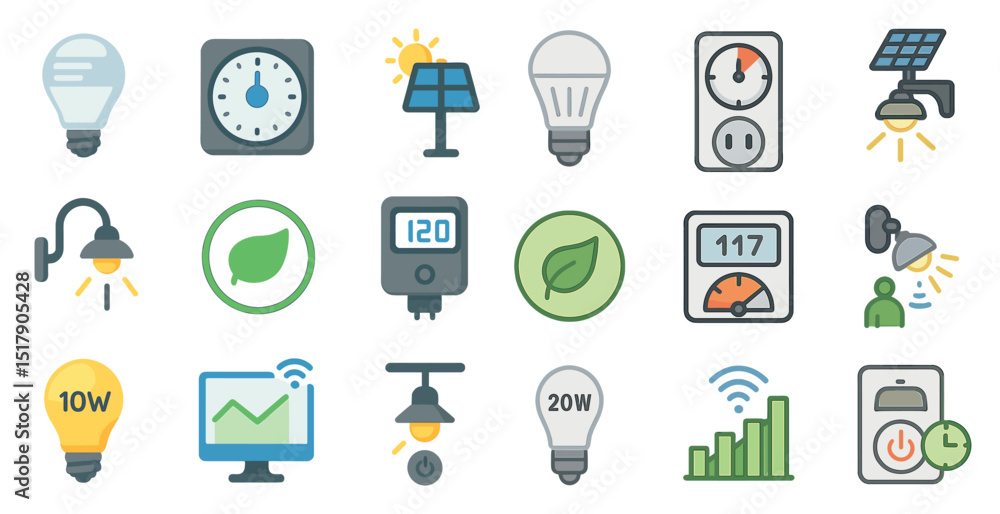 Energy efficiency icons set for eco-friendly technology and renewable solutions Energy efficiency icons set for eco-friendly technology and renewable solutions