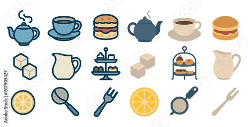 Tea time essentials and pastry icons for design and print