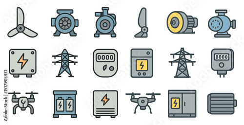 Energy and technology icons set for sustainable engineering design
