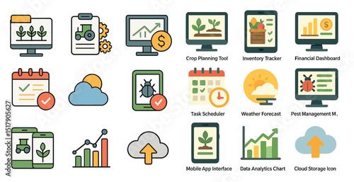 Agricultural management tools and icons for efficient farm planning