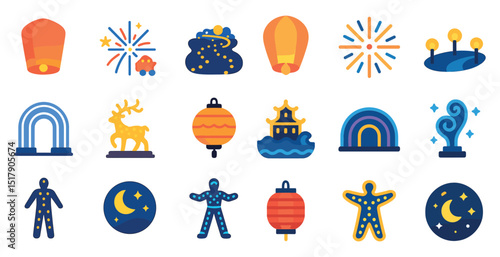Colorful festival icons celebrating lunar new year and traditional lanterns