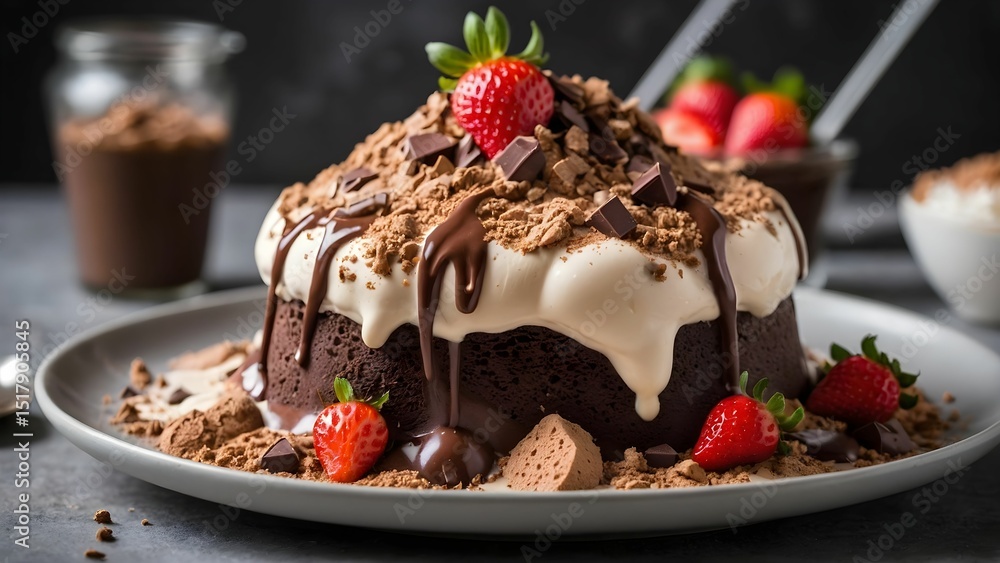 Delicious chocolate cake topped with whipped cream, strawberries, and chocolate shavings served on a gray plate in a cozy kitchen setting Generative AI Delicious chocolate cake topped with whipped cream, strawberries, and chocolate shavings served on a gray plate in a cozy kitchen setting Generative AI