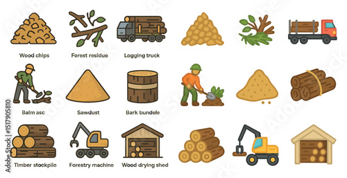 Forestry and wood processing icons for design and print projects