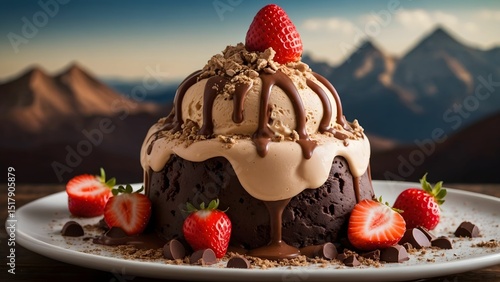 Delicious chocolate dessert topped with ice cream, strawberries, and nuts against a stunning mountain landscape during sunset Generative AI