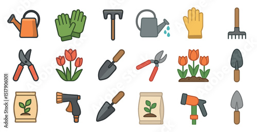 Gardening tools and tulips icon set for horticulture and spring design projects