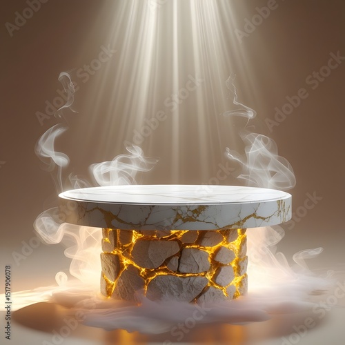 Mystical Stone Display Product Podium with Golden Cracks and Ethereal Mist