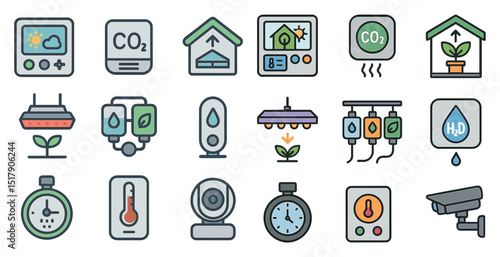 Smart home and garden automation icons for technology and climate control