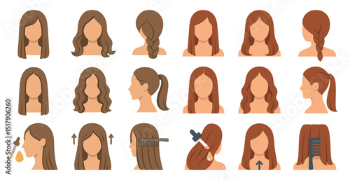 Haircare routine and hairstyles illustrations for beauty and wellness design