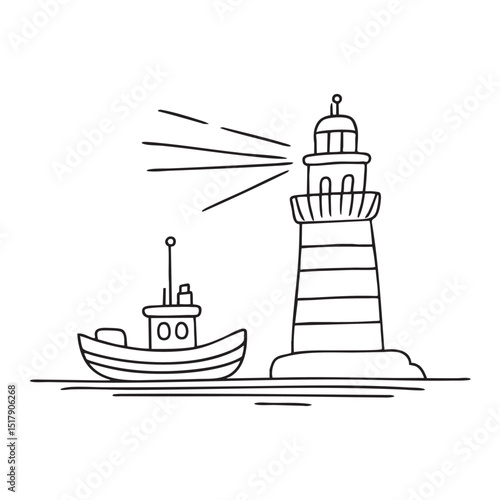 A tugboat positioned next to a small lighthouse