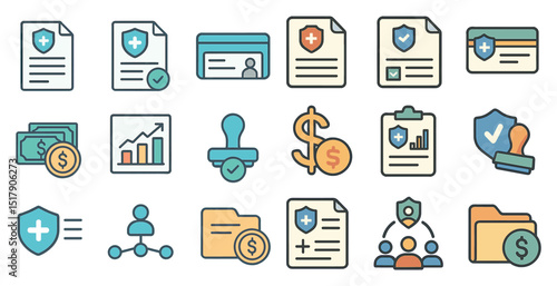 Business and finance icons for reports, policies, and security