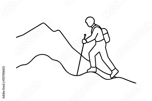 Hiker ascending mountainous terrain with trekking poles